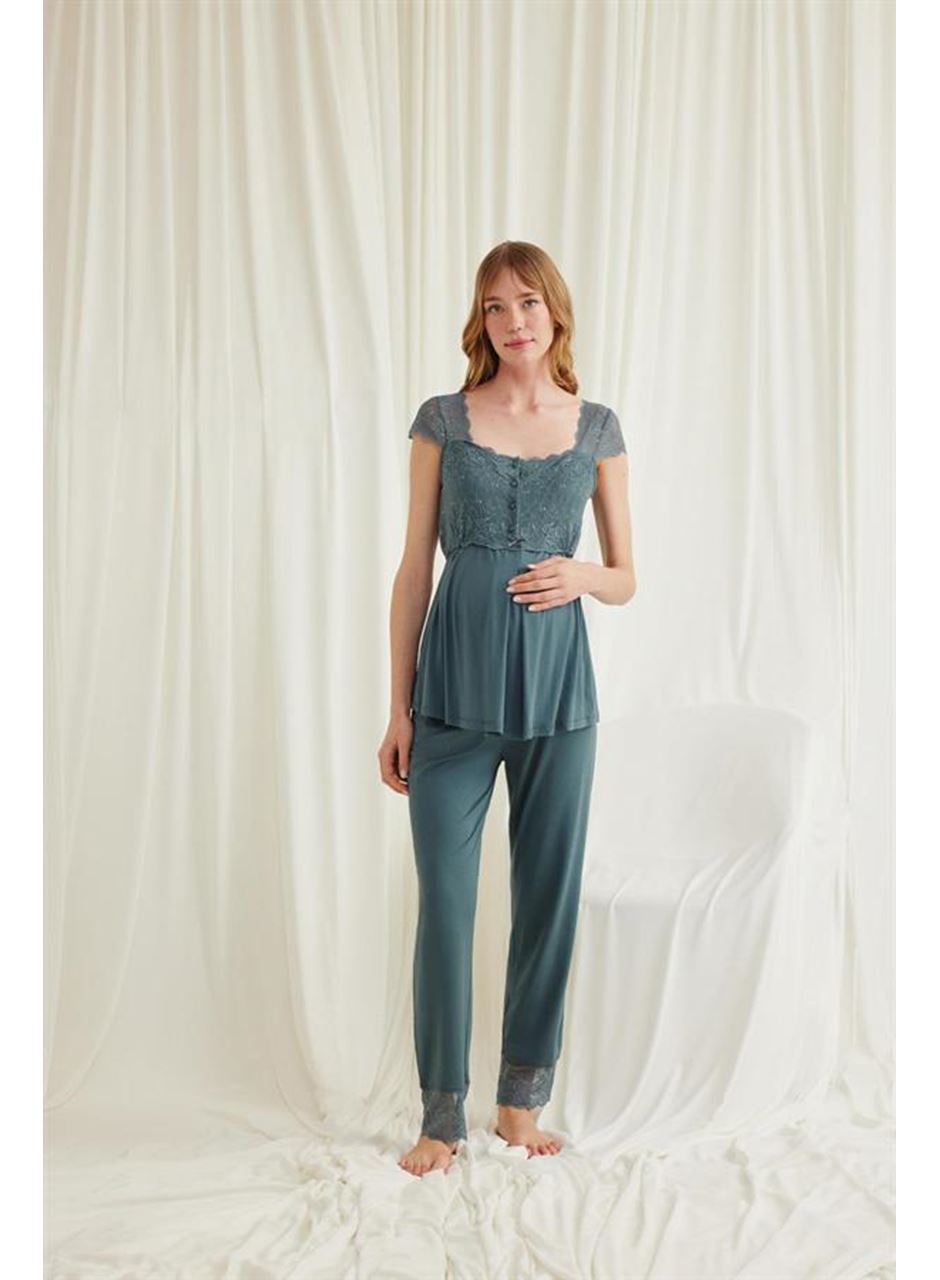 Dantelli Önü Düğmeli Hamile Lohusa 3'lü Viskon Pijama Takımı