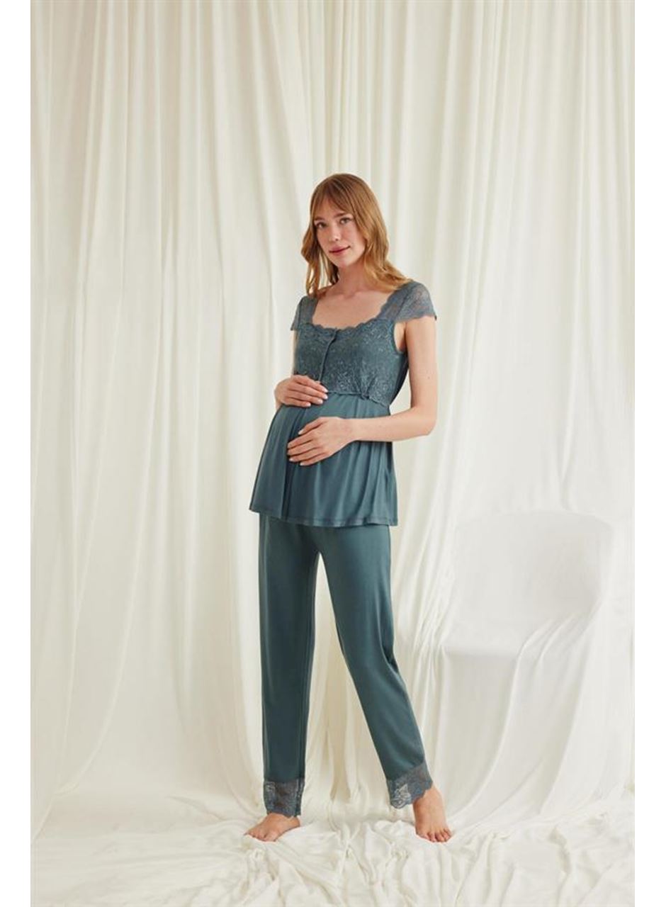 Dantelli Önü Düğmeli Hamile Lohusa 3'lü Viskon Pijama Takımı