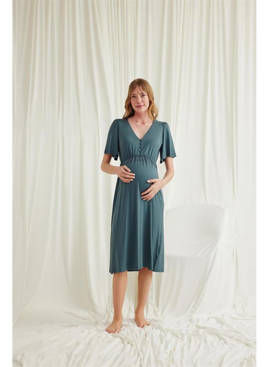 Dantelli Önü Düğmeli Hamile Lohusa Viskon Gecelik