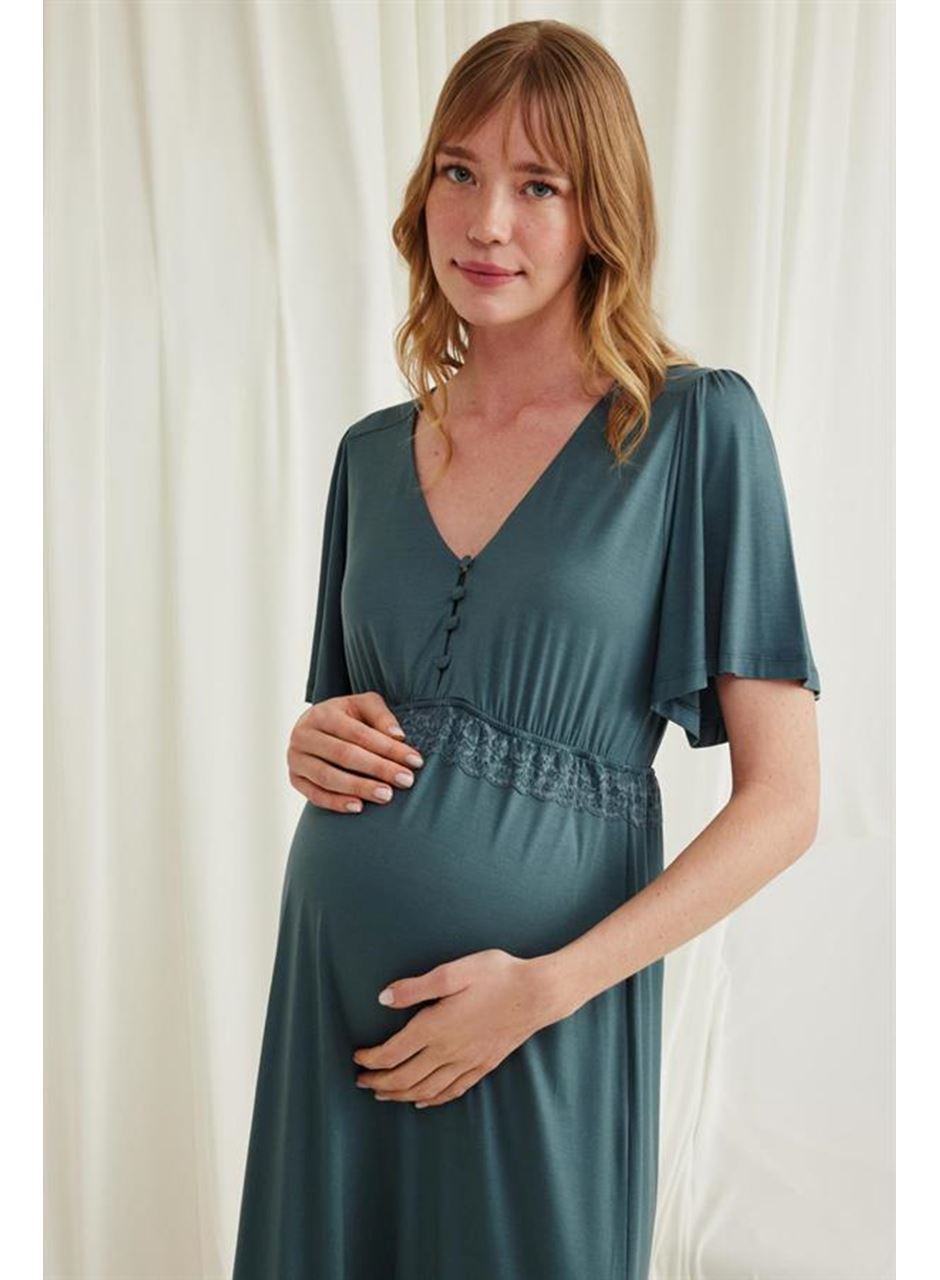 Dantelli Önü Düğmeli Hamile Lohusa Viskon Gecelik