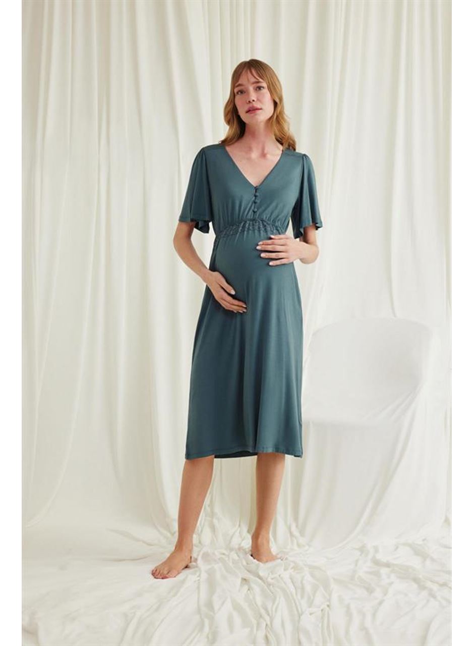 Dantelli Önü Düğmeli Hamile Lohusa Viskon Gecelik