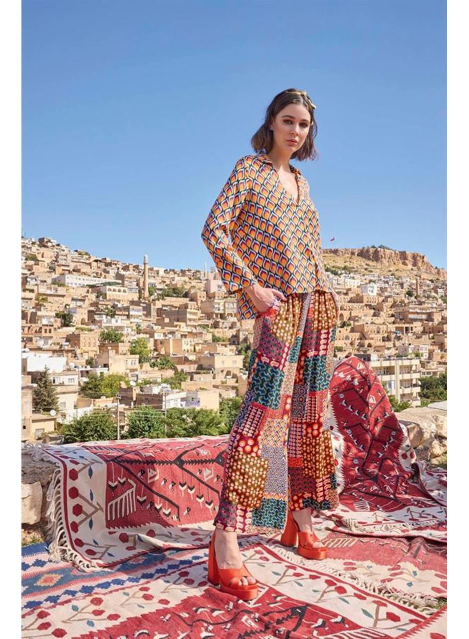 Etnik Desenli Saten Alt Üst Takım