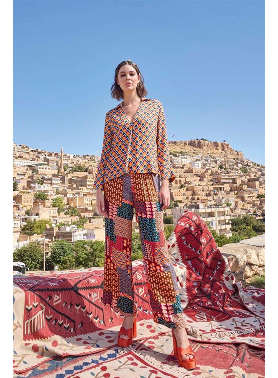 Etnik Desenli Saten Alt Üst Takım