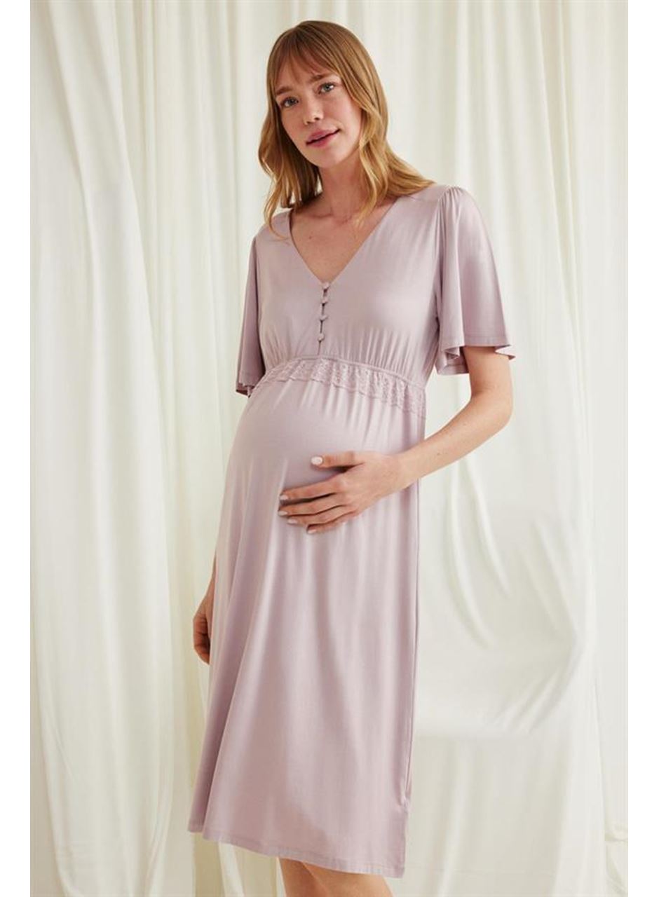 Dantelli Önü Düğmeli Hamile Lohusa Viskon Gecelik