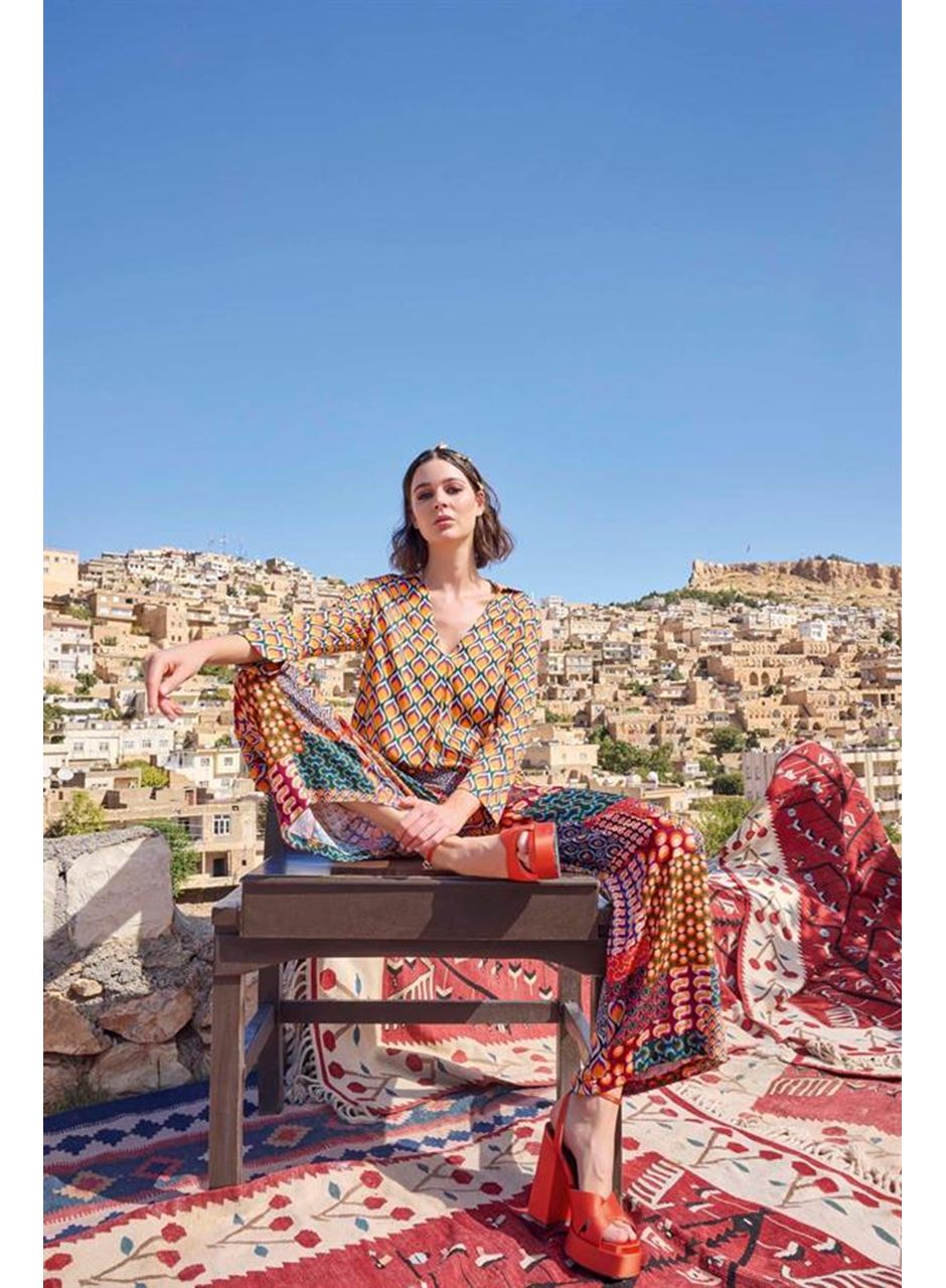 Etnik Desenli Saten Alt Üst Takım