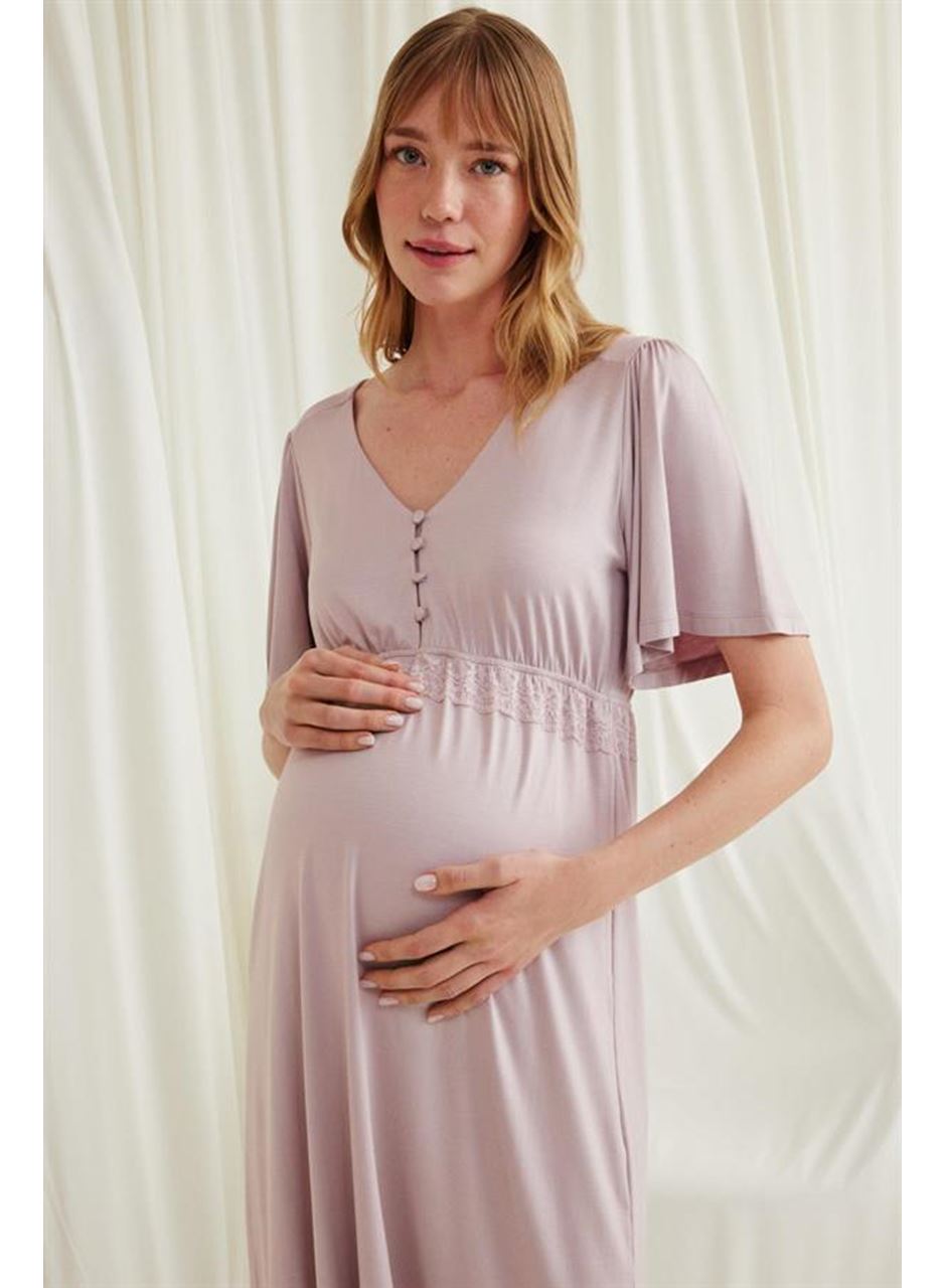 Dantelli Önü Düğmeli Hamile Lohusa Viskon Gecelik