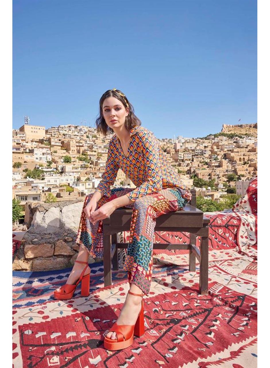 Etnik Desenli Saten Alt Üst Takım