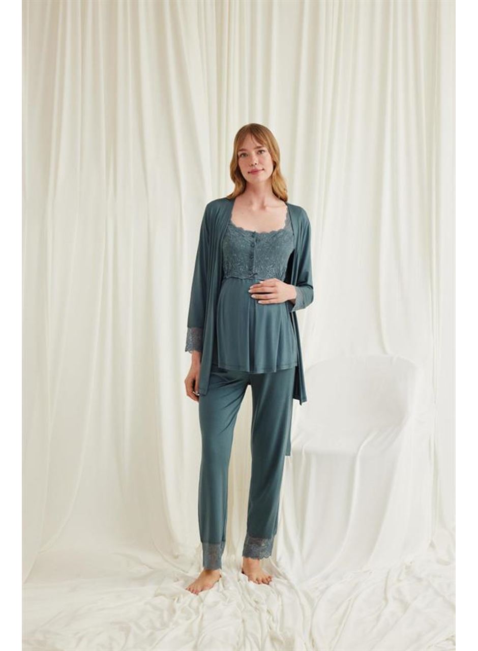 Dantelli Önü Düğmeli Hamile Lohusa 3'lü Viskon Pijama Takımı