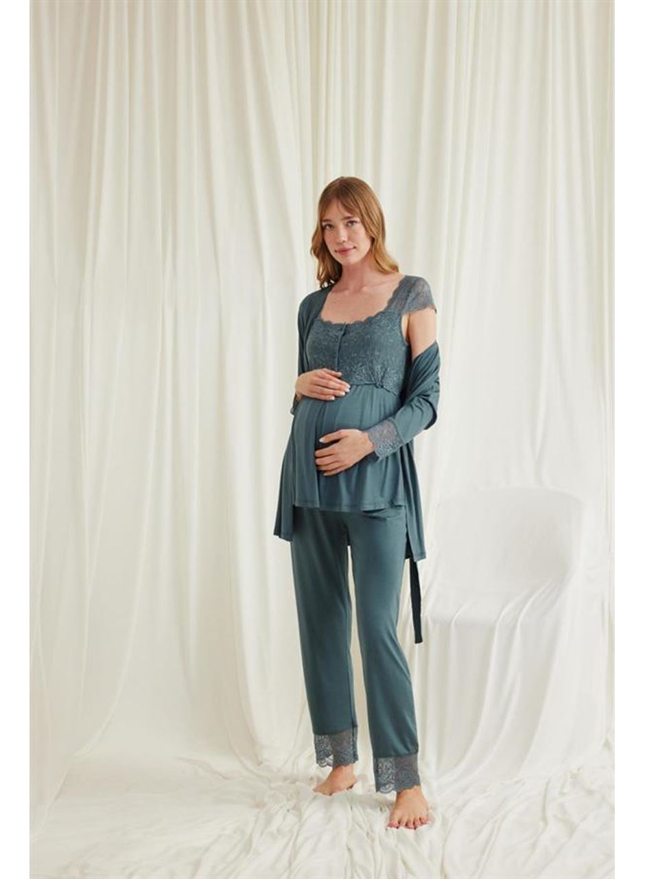 Dantelli Önü Düğmeli Hamile Lohusa 3'lü Viskon Pijama Takımı