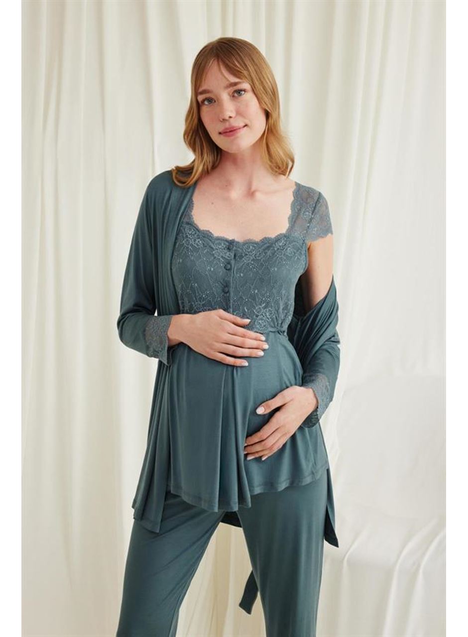 Dantelli Önü Düğmeli Hamile Lohusa 3'lü Viskon Pijama Takımı