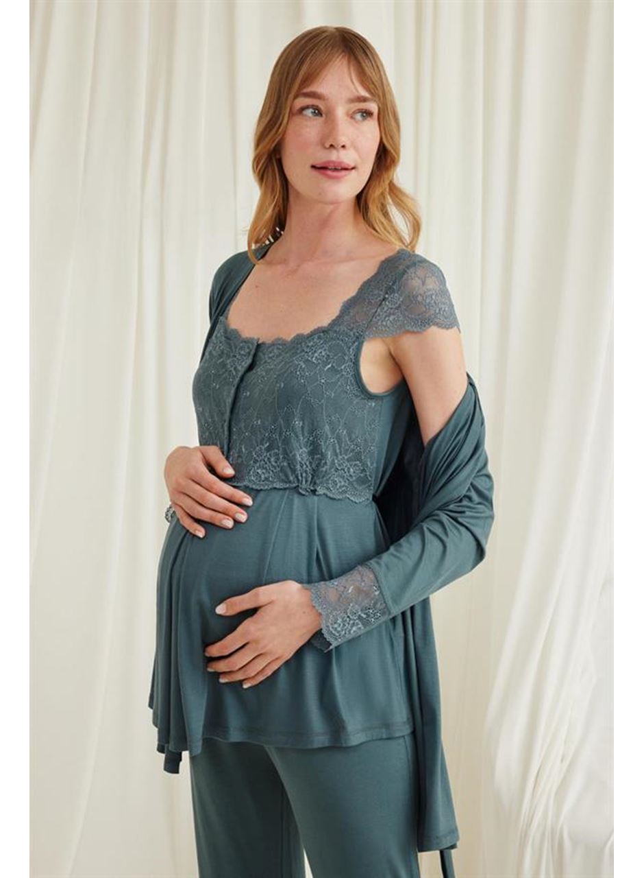 Dantelli Önü Düğmeli Hamile Lohusa 3'lü Viskon Pijama Takımı