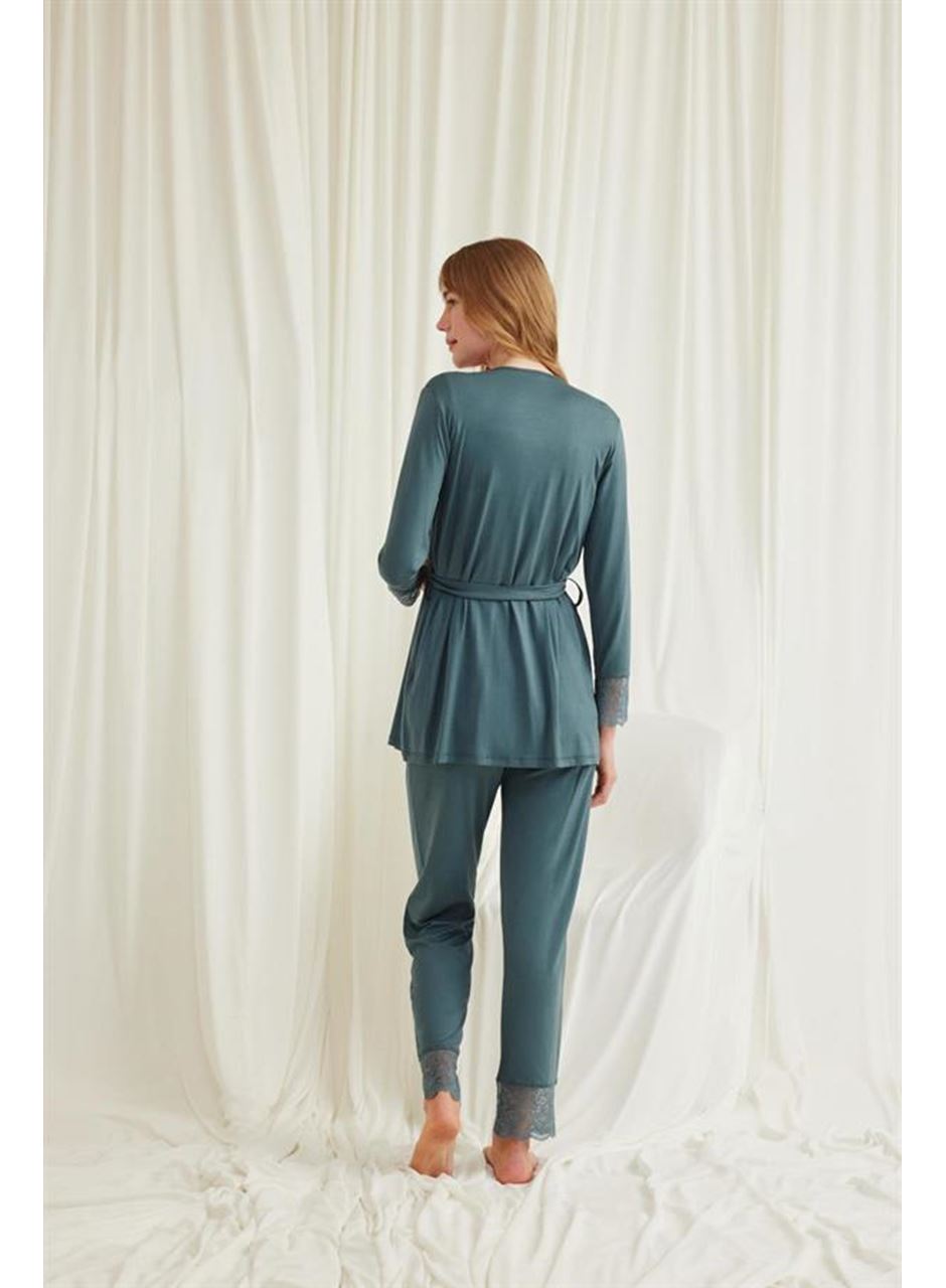 Dantelli Önü Düğmeli Hamile Lohusa 3'lü Viskon Pijama Takımı