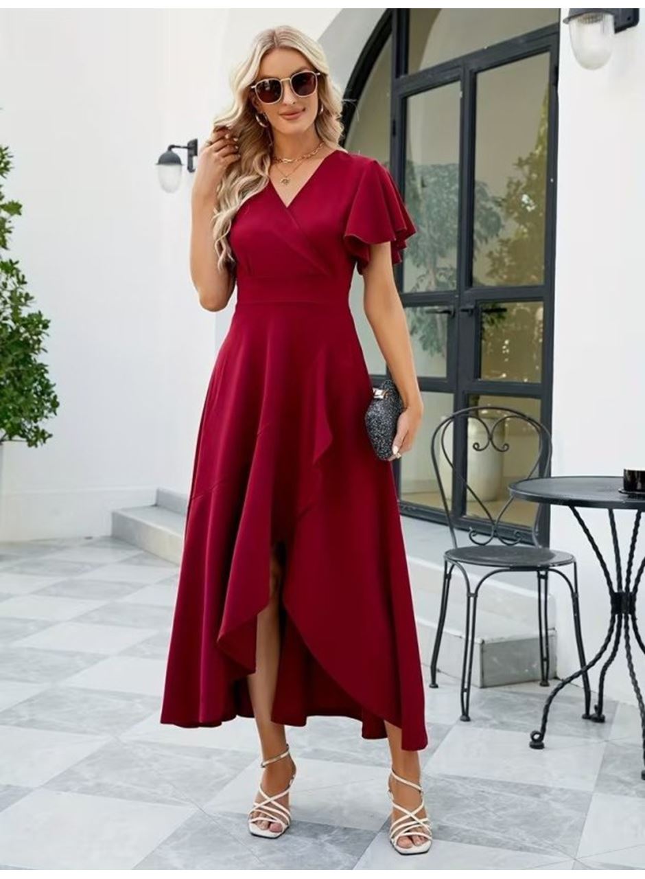 Kadın Kısa Kollu Kruvaze Yakalı ön Asimetrik Volanlı Uzun Ithal Krep Elbise