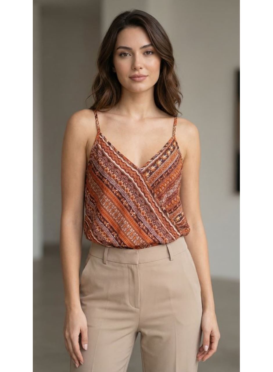 Kadın Ip Askılı V Yakalı Desenli Süprem Bluz