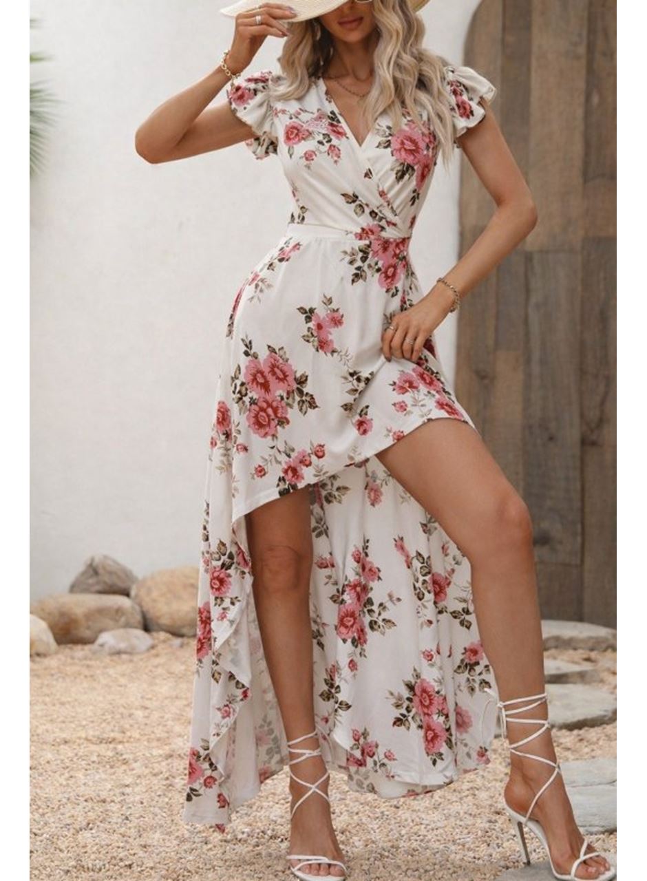 Kadın Kısa Kollu Kruvaze Yakalı önü Asimetrik Detaylı Uzun çiçek Desenli Süprem Elbise