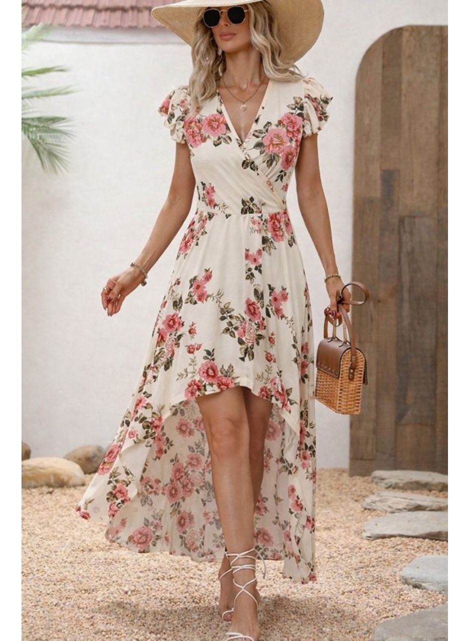 Kadın Kısa Kollu Kruvaze Yakalı önü Asimetrik Detaylı Uzun çiçek Desenli Süprem Elbise