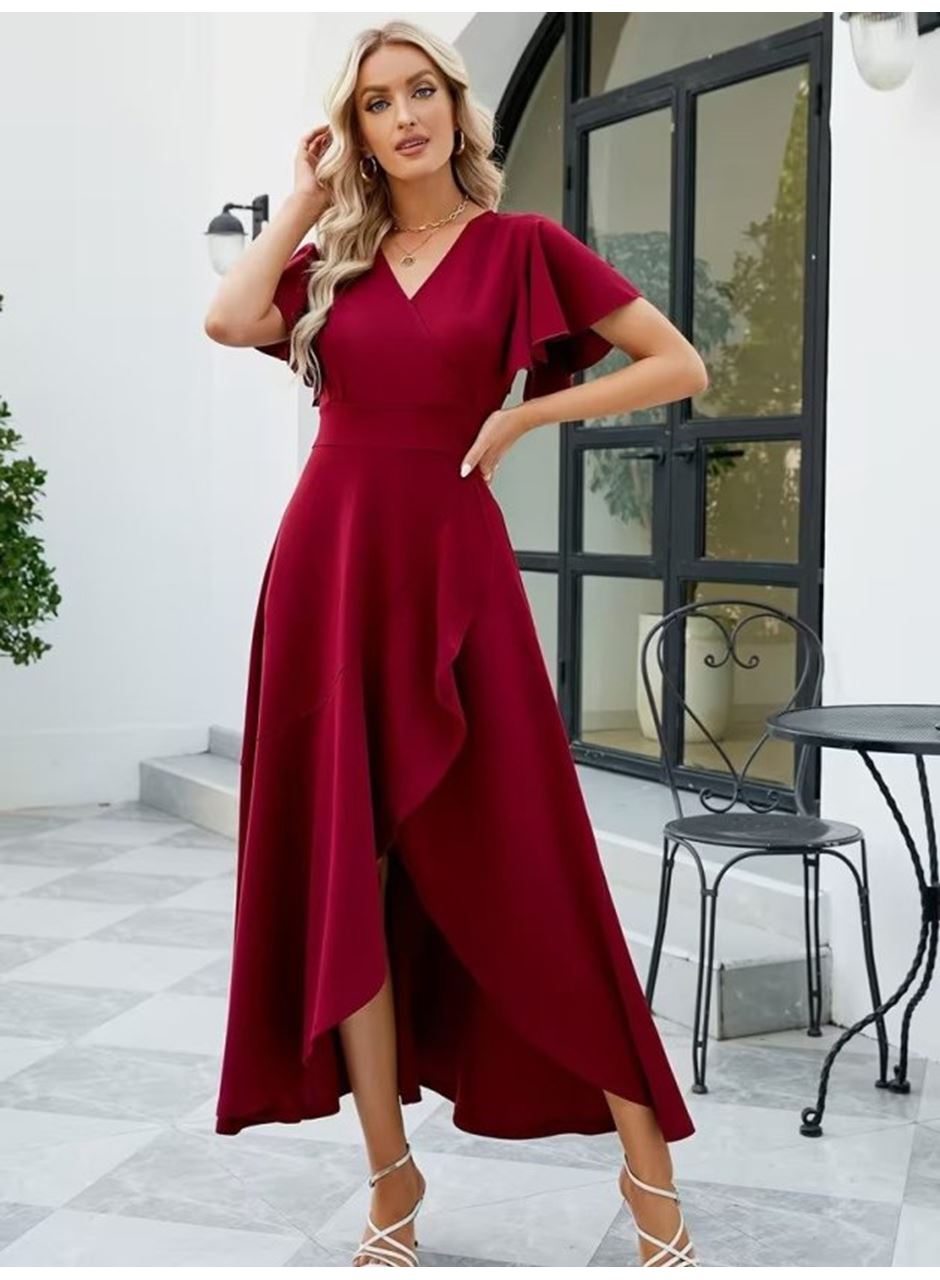 Kadın Kısa Kollu Kruvaze Yakalı ön Asimetrik Volanlı Uzun Ithal Krep Elbise