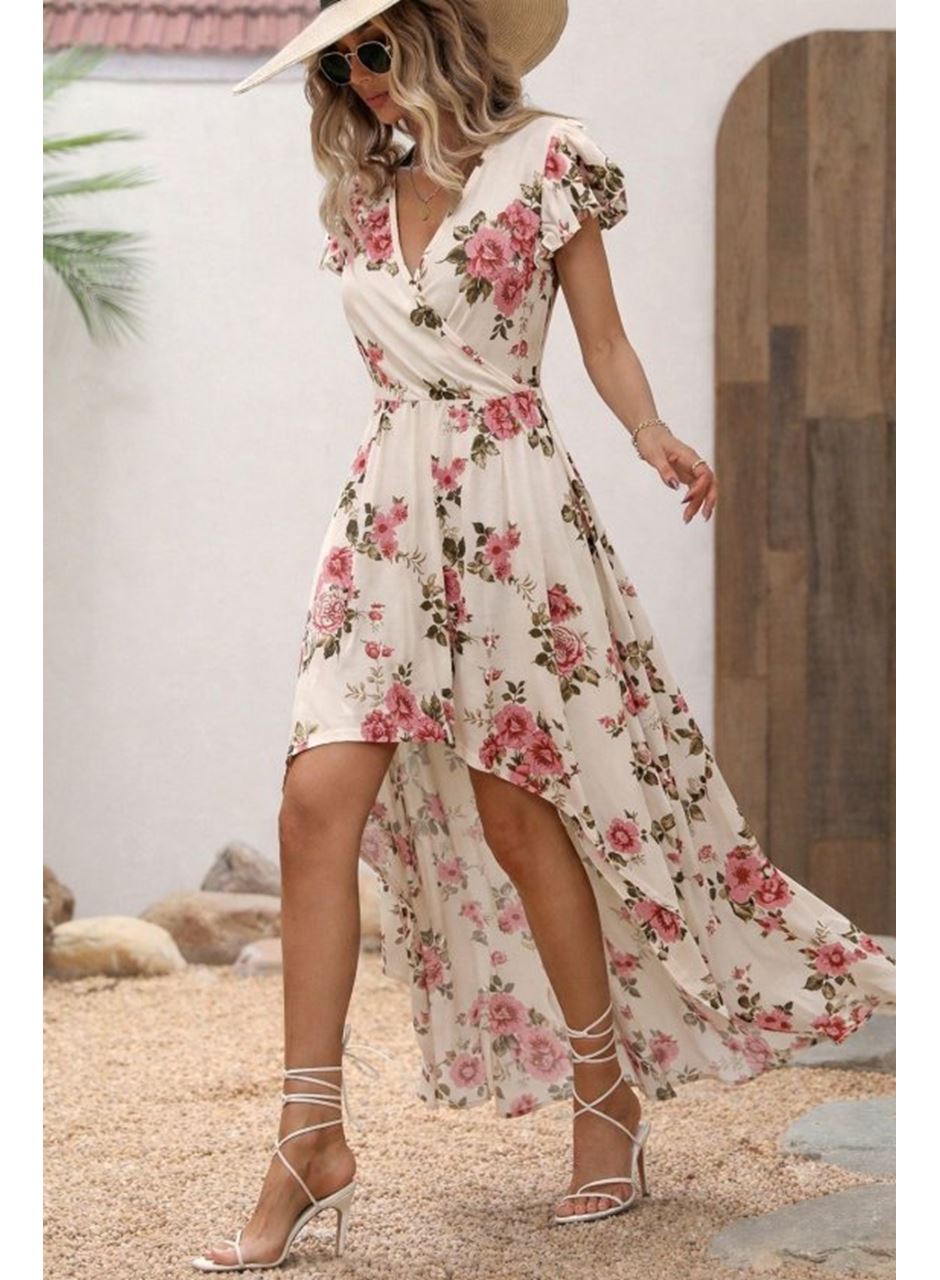 Kadın Kısa Kollu Kruvaze Yakalı önü Asimetrik Detaylı Uzun çiçek Desenli Süprem Elbise