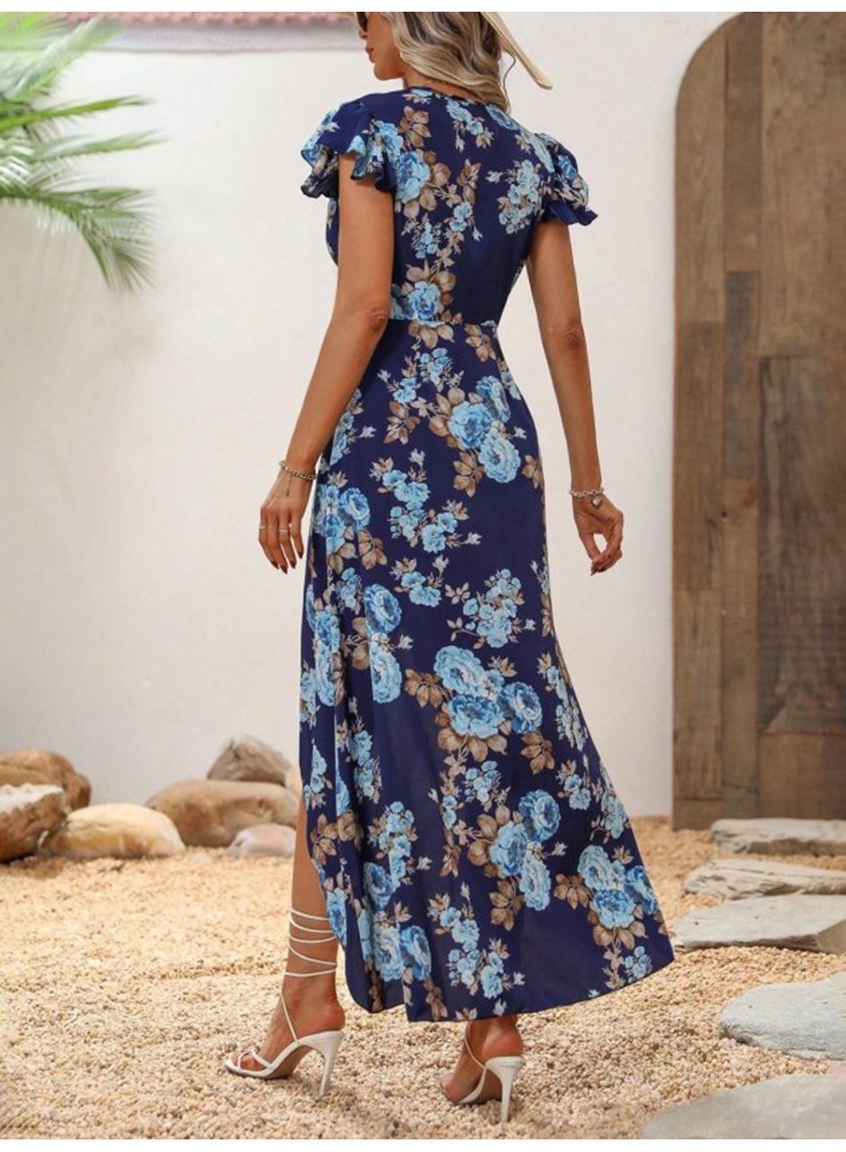 Kadın Kısa Kollu Kruvaze Yakalı önü Asimetrik Detaylı Uzun çiçek Desenli Süprem Elbise