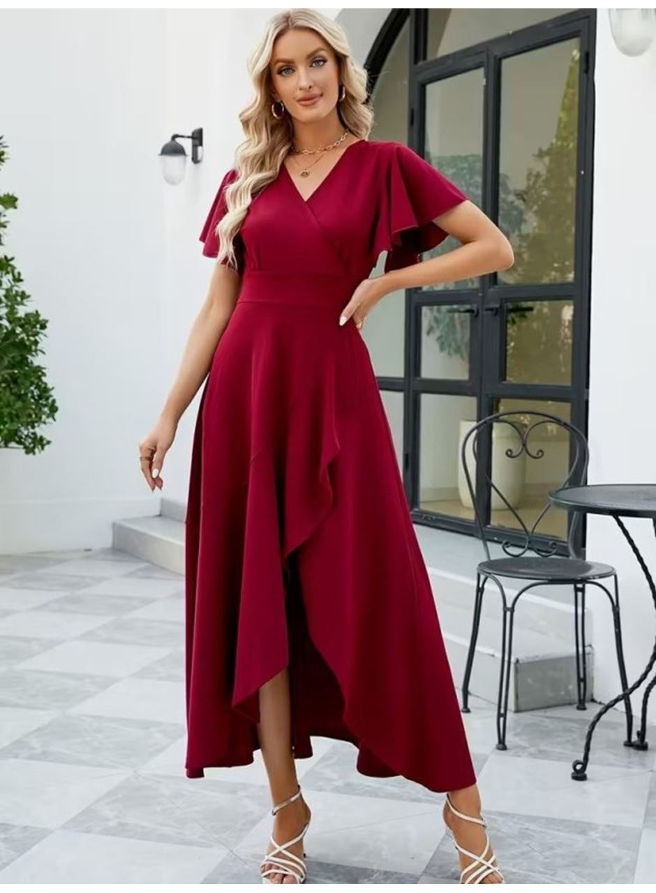 Kadın Kısa Kollu Kruvaze Yakalı ön Asimetrik Volanlı Uzun Ithal Krep Elbise