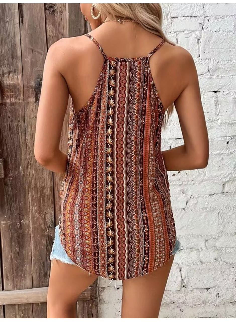 Kadın Ip Askılı V Yakalı Desenli Süprem Bluz