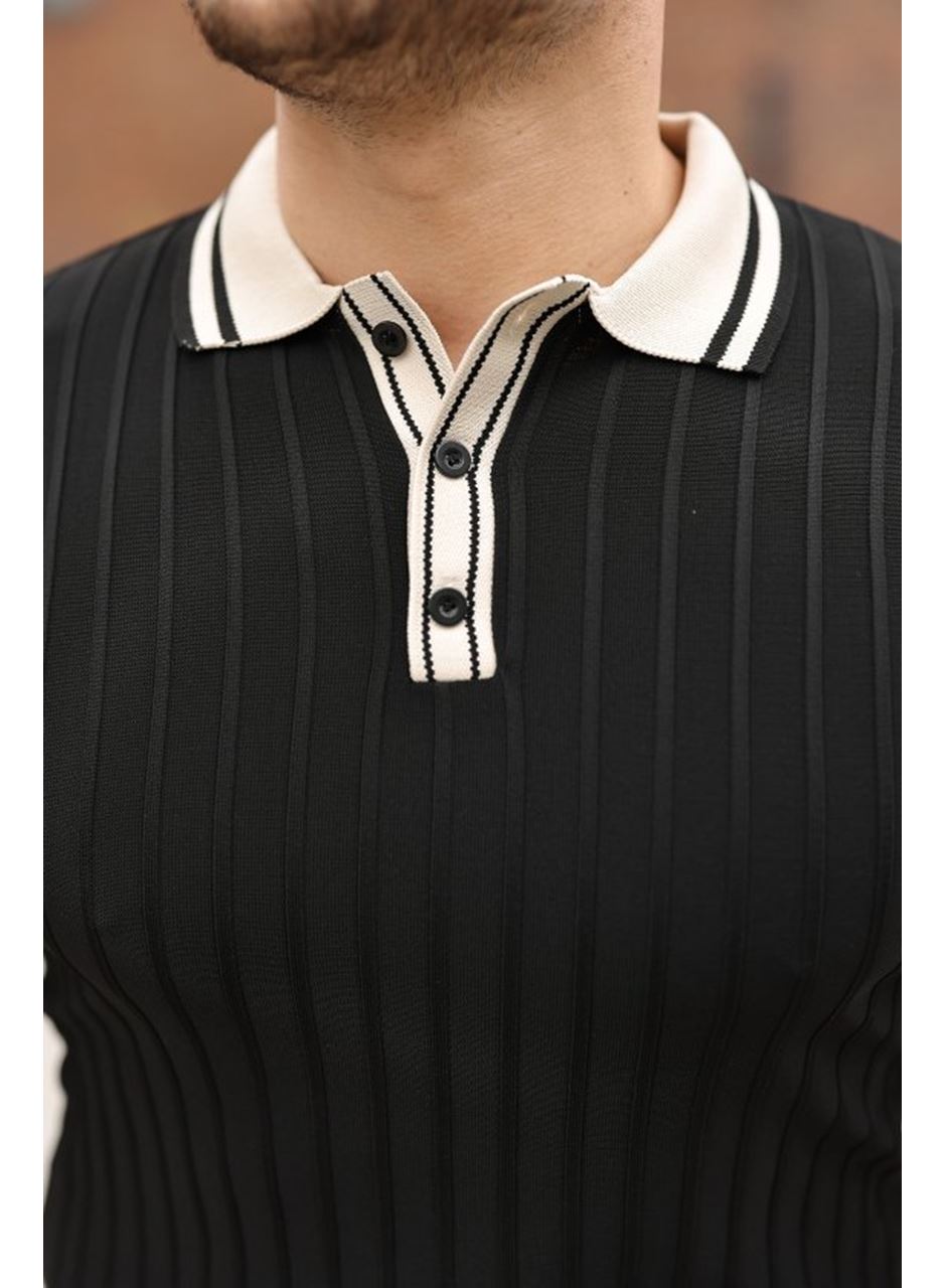Erkek Düğme Yakalı Kontrast Yaka Triko Tişört