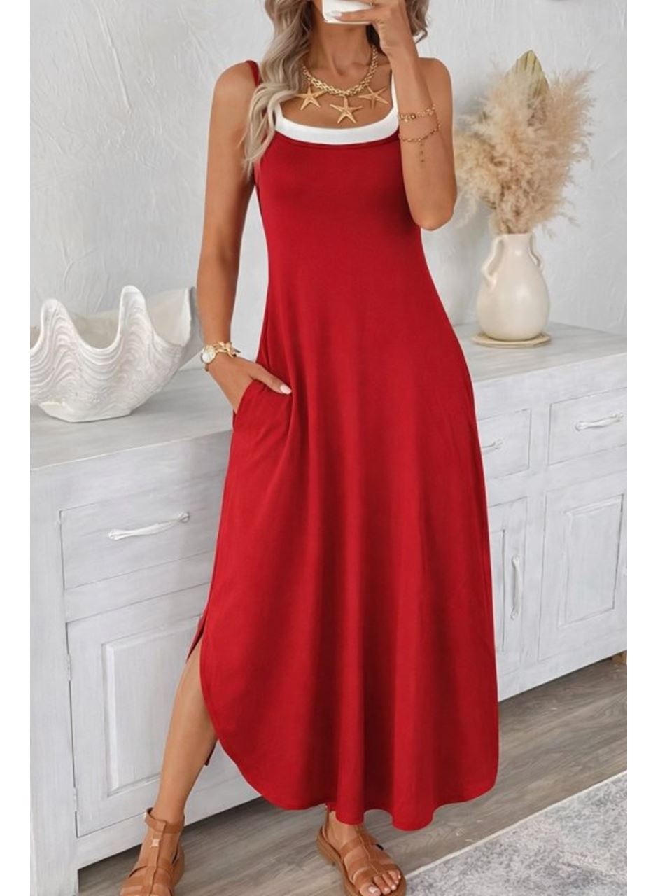 Kadın Ip Askılı Yuvarlak Yakalı Cepli Uzun Viskon Elbise