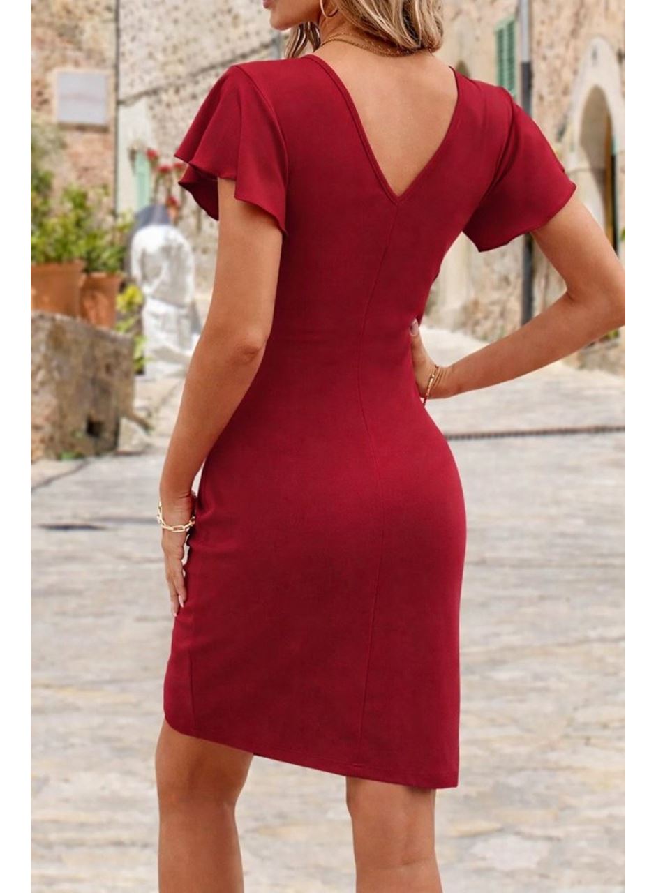 Kadın Uzun Kollu Volanlı Kruvaze Yaka Yanlardan Büzgülü Ithal Krep Elbise