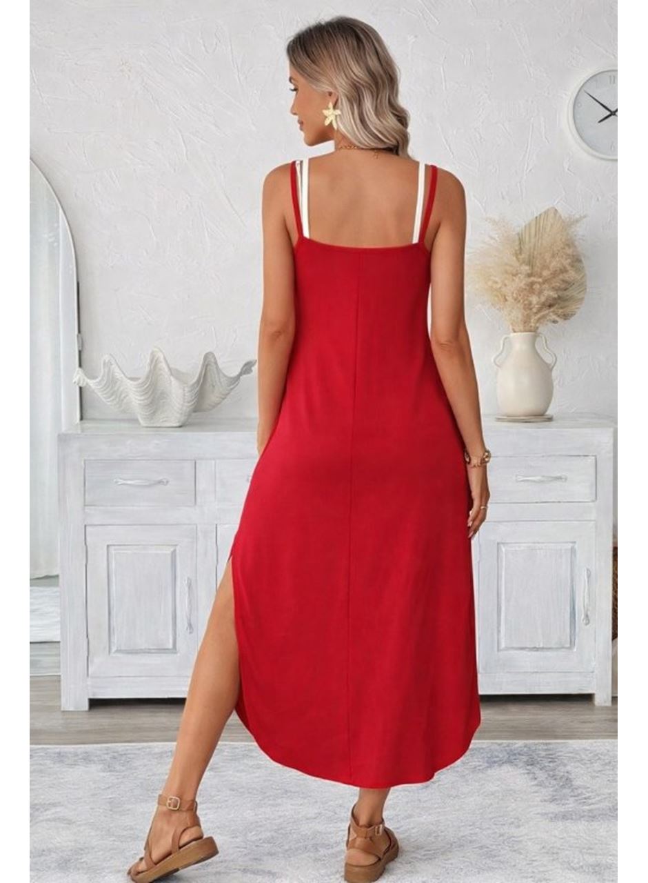 Kadın Ip Askılı Yuvarlak Yakalı Cepli Uzun Viskon Elbise