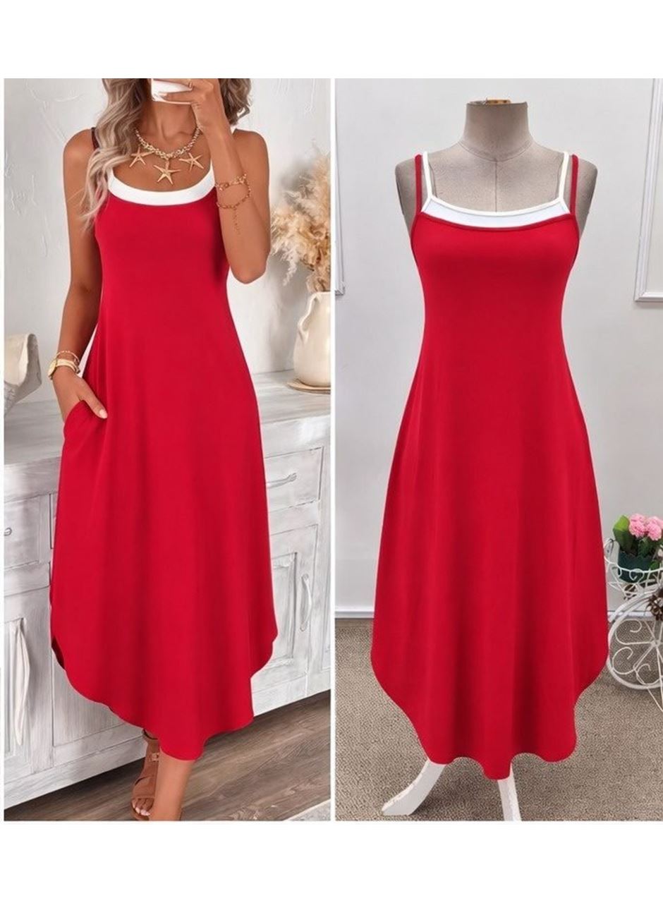 Kadın Ip Askılı Yuvarlak Yakalı Cepli Uzun Viskon Elbise