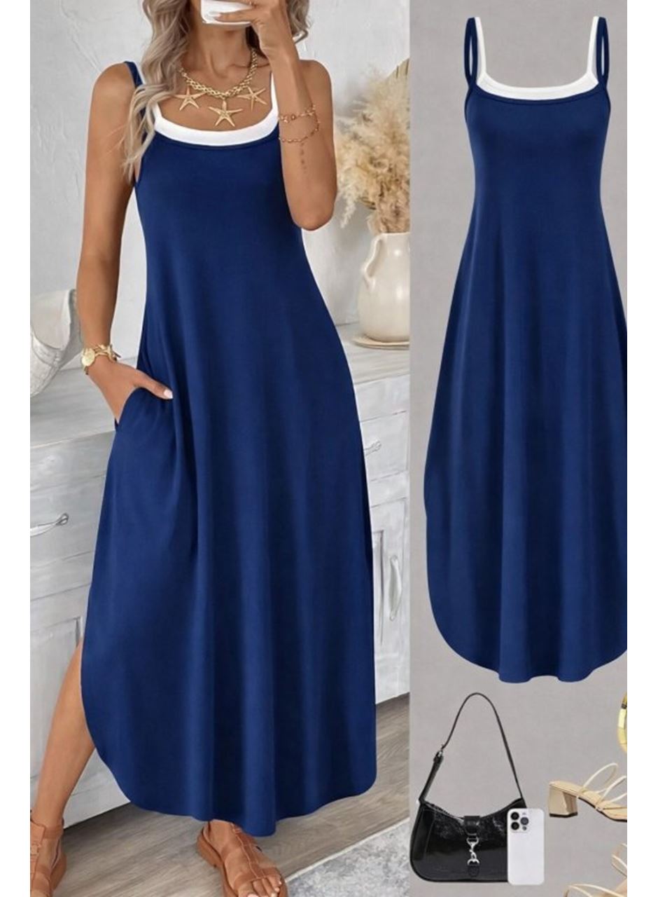 Kadın Ip Askılı Yuvarlak Yakalı Cepli Uzun Viskon Elbise