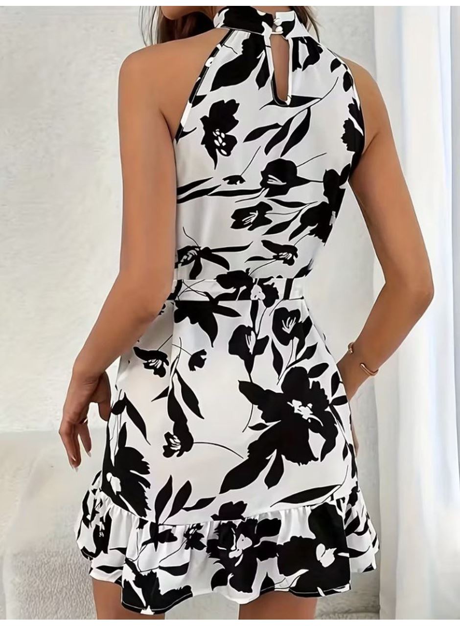 Kadın Omuzlardan Açık Balıkçı Yakalı Kuşaklı Desenli Kısa Süprem Elbise