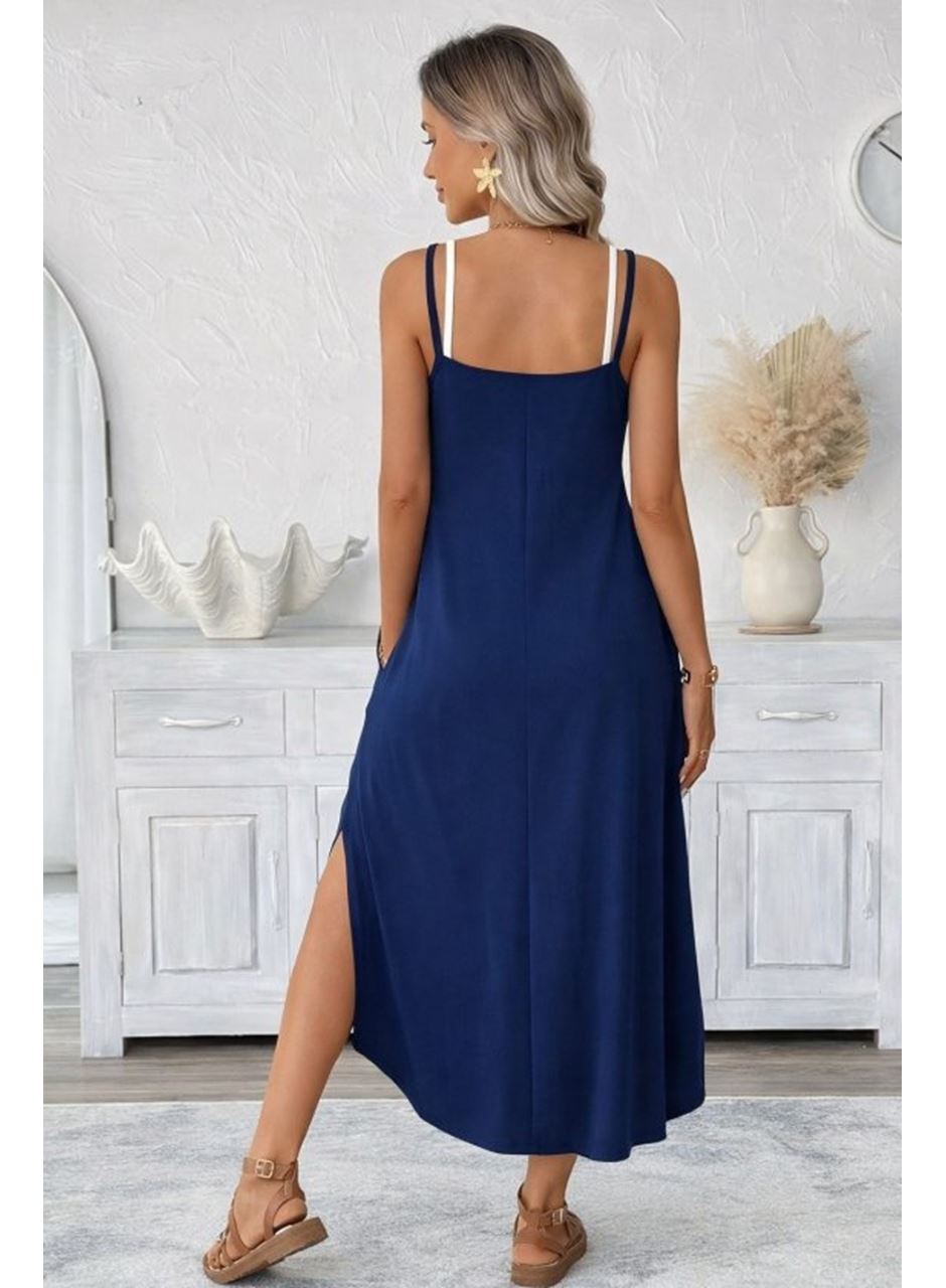 Kadın Ip Askılı Yuvarlak Yakalı Cepli Uzun Viskon Elbise