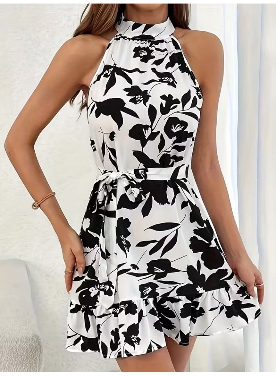 Kadın Omuzlardan Açık Balıkçı Yakalı Kuşaklı Desenli Kısa Süprem Elbise