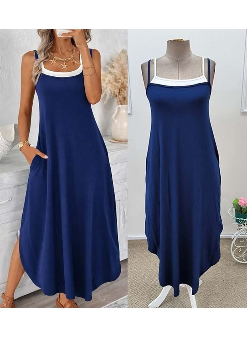 Kadın Ip Askılı Yuvarlak Yakalı Cepli Uzun Viskon Elbise