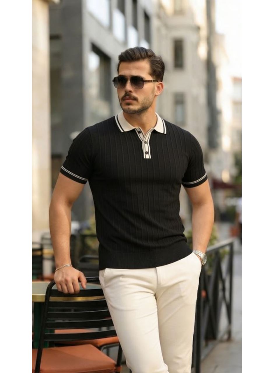 Erkek Düğme Yakalı Kontrast Yaka Triko Tişört