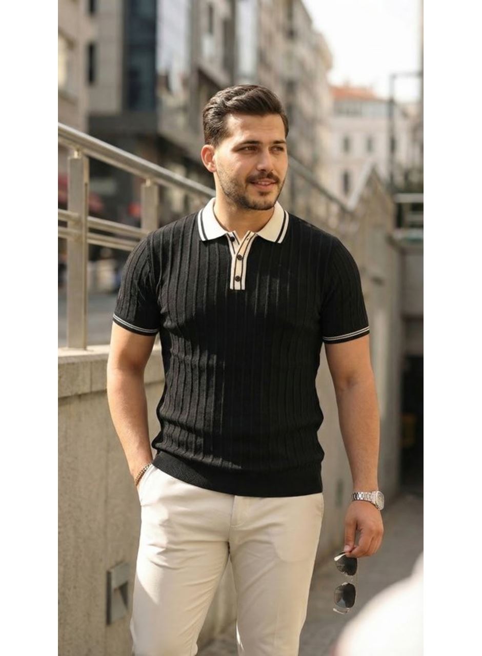 Erkek Düğme Yakalı Kontrast Yaka Triko Tişört