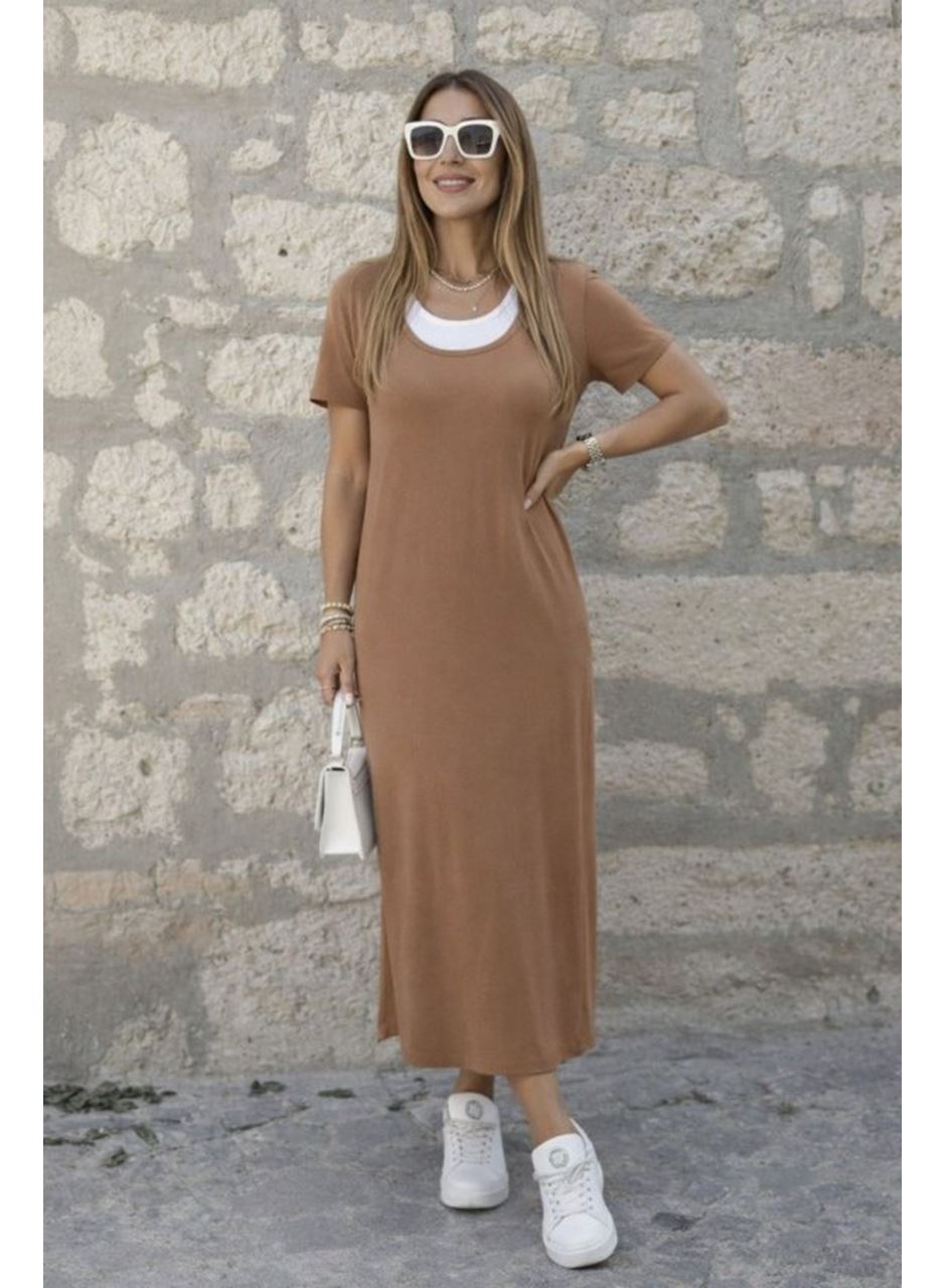 Kadın Kısa Kollu Içi Atlet Görünümlü Yandan Yırtmaçlı Uzun Viskon Elbise