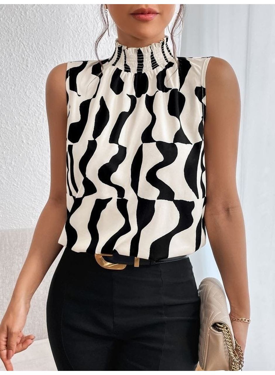 Kadın Kolsuz Balıkçı Yaka Desenli Süprem Bluz