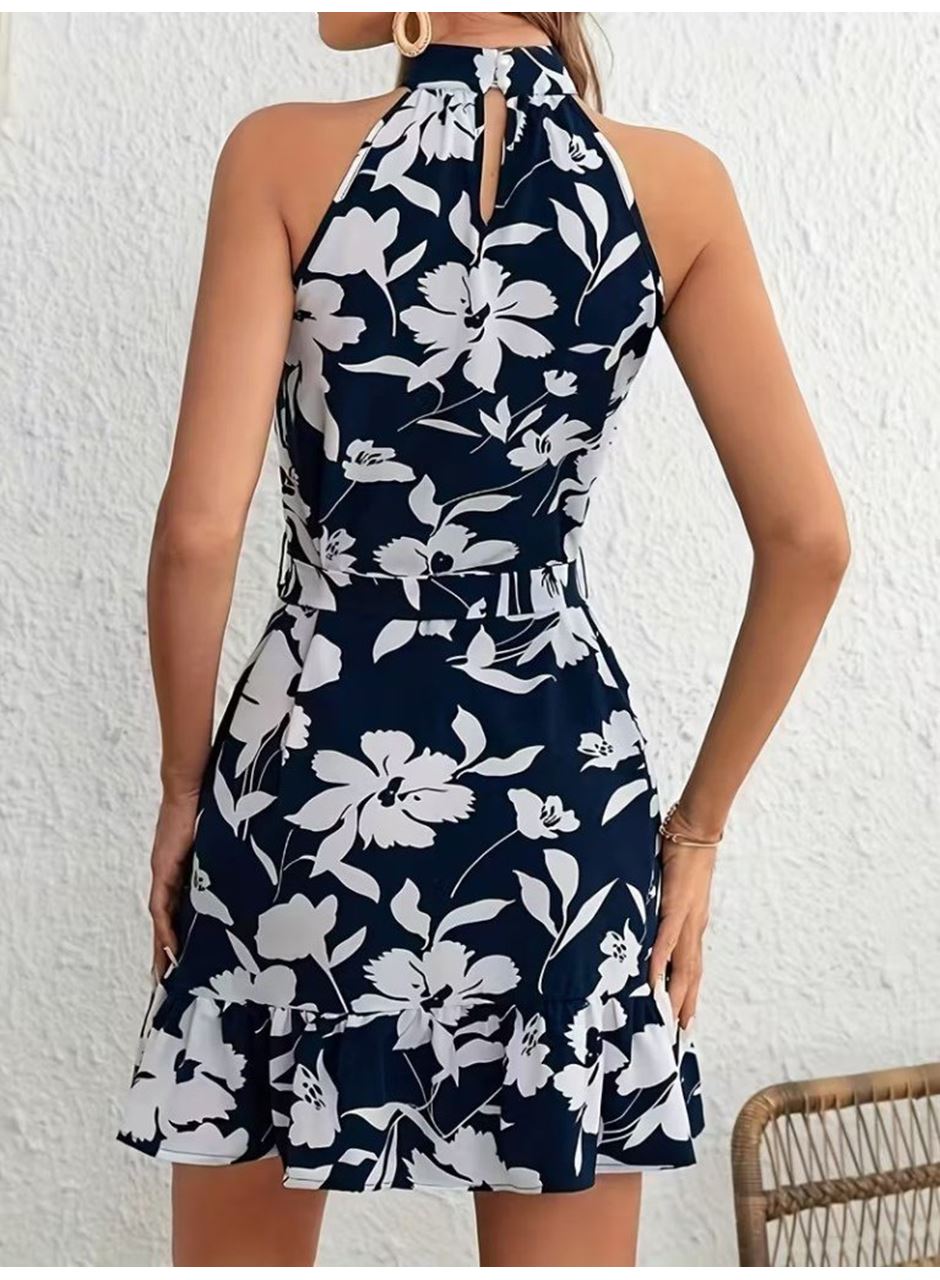 Kadın Omuzlardan Açık Balıkçı Yakalı Kuşaklı Desenli Kısa Süprem Elbise