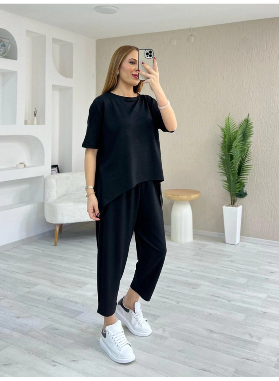 Kadın Kısa Kollu Bisiklet Yaka Viskon Iki Iplik Bluz Ve Pantolon Ikili Takım