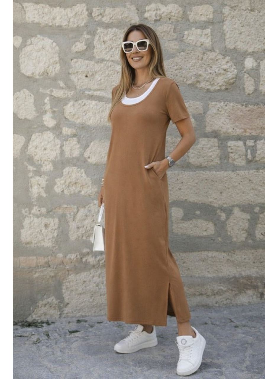 Kadın Kısa Kollu Içi Atlet Görünümlü Yandan Yırtmaçlı Uzun Viskon Elbise