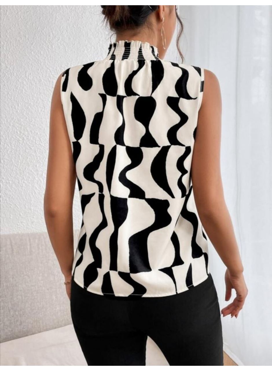 Kadın Kolsuz Balıkçı Yaka Desenli Süprem Bluz