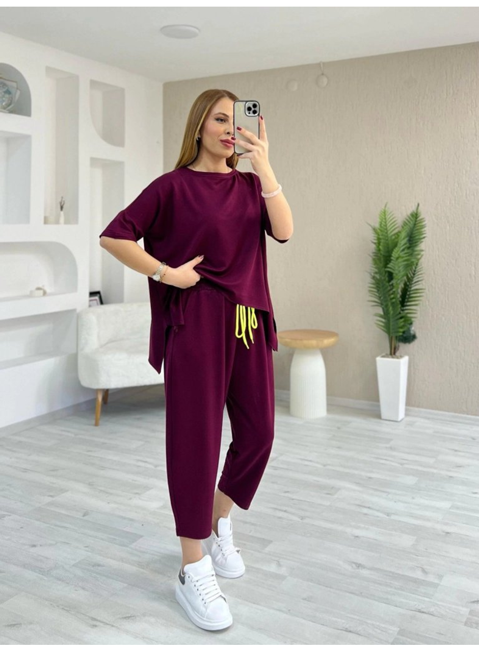 Kadın Kısa Kollu Bisiklet Yaka Viskon Iki Iplik Bluz Ve Pantolon Ikili Takım