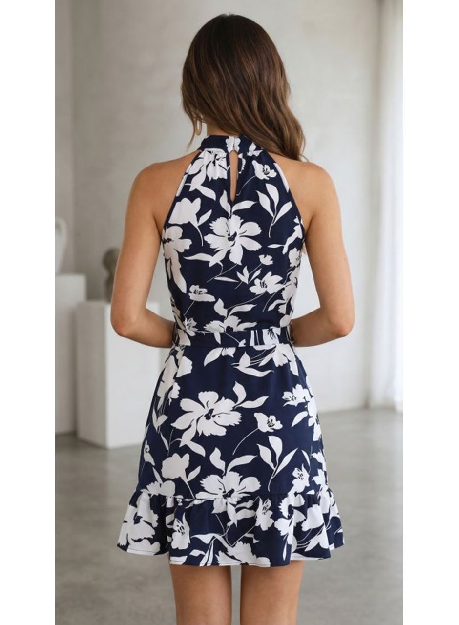 Kadın Omuzlardan Açık Balıkçı Yakalı Kuşaklı Desenli Kısa Süprem Elbise