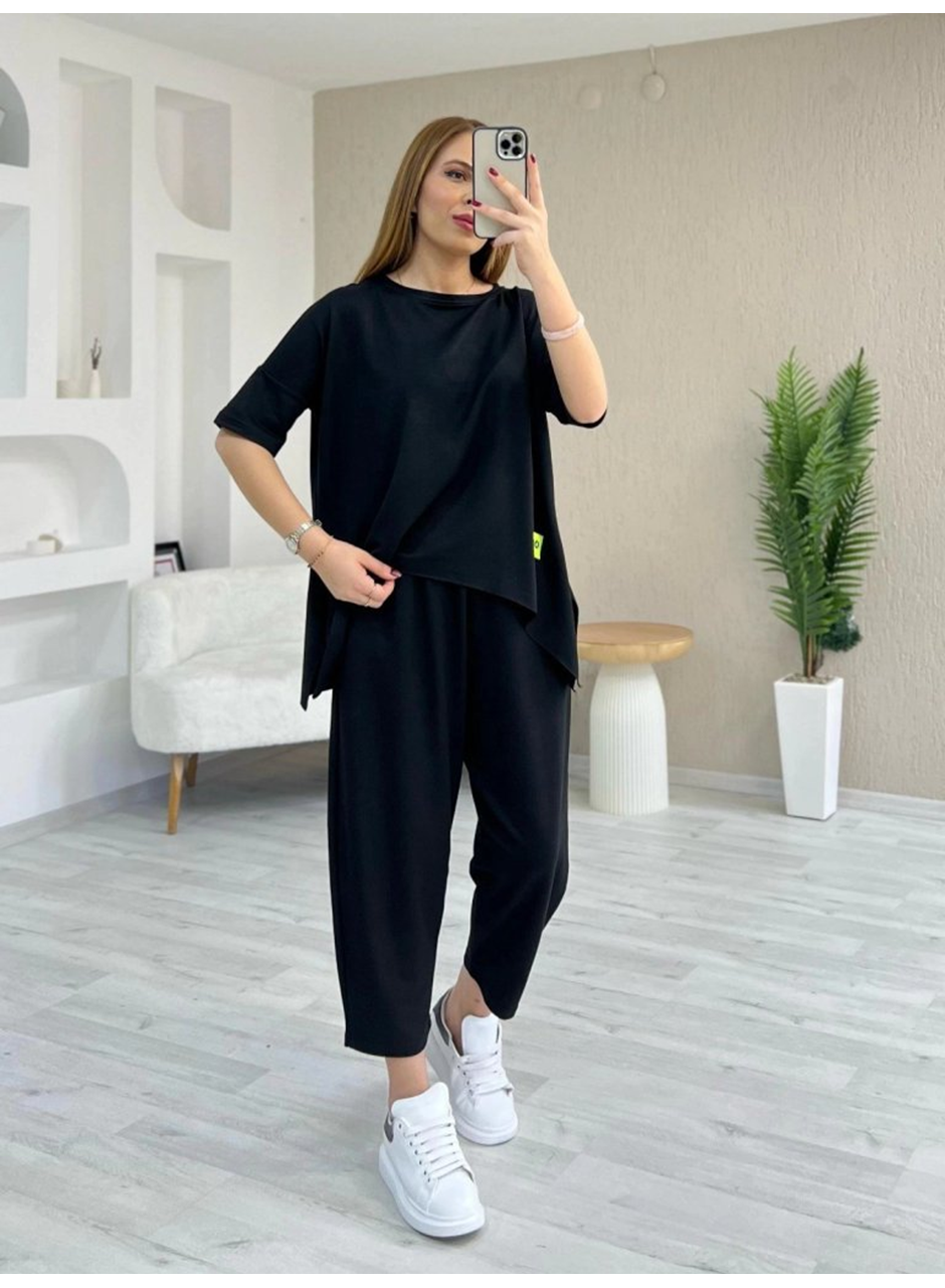 Kadın Kısa Kollu Bisiklet Yaka Viskon Iki Iplik Bluz Ve Pantolon Ikili Takım