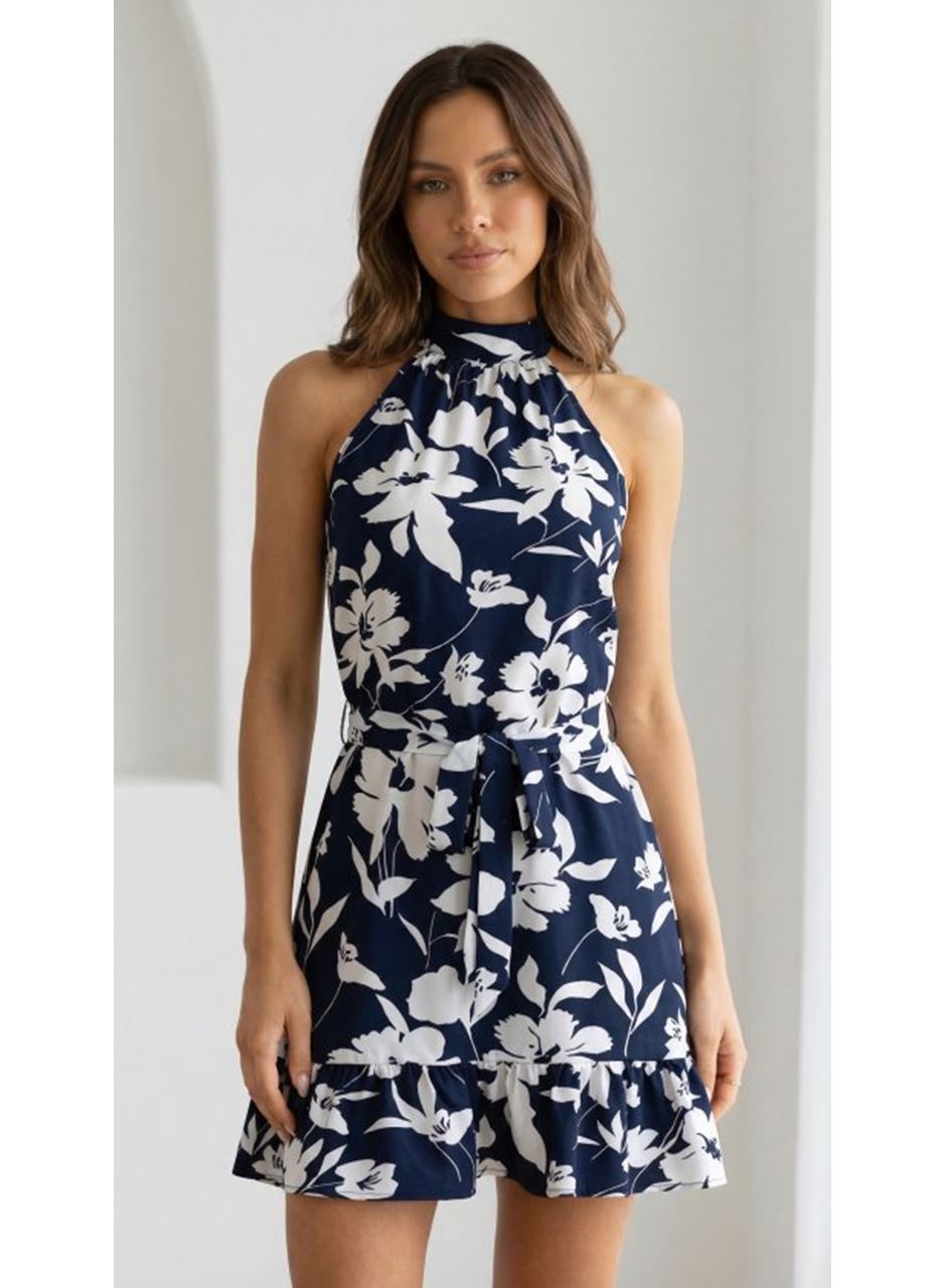 Kadın Omuzlardan Açık Balıkçı Yakalı Kuşaklı Desenli Kısa Süprem Elbise