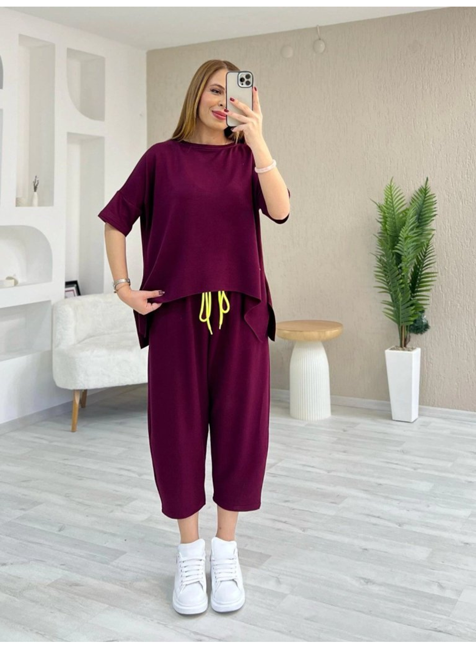 Kadın Kısa Kollu Bisiklet Yaka Viskon Iki Iplik Bluz Ve Pantolon Ikili Takım