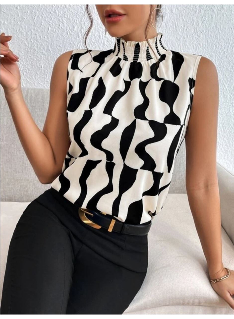 Kadın Kolsuz Balıkçı Yaka Desenli Süprem Bluz