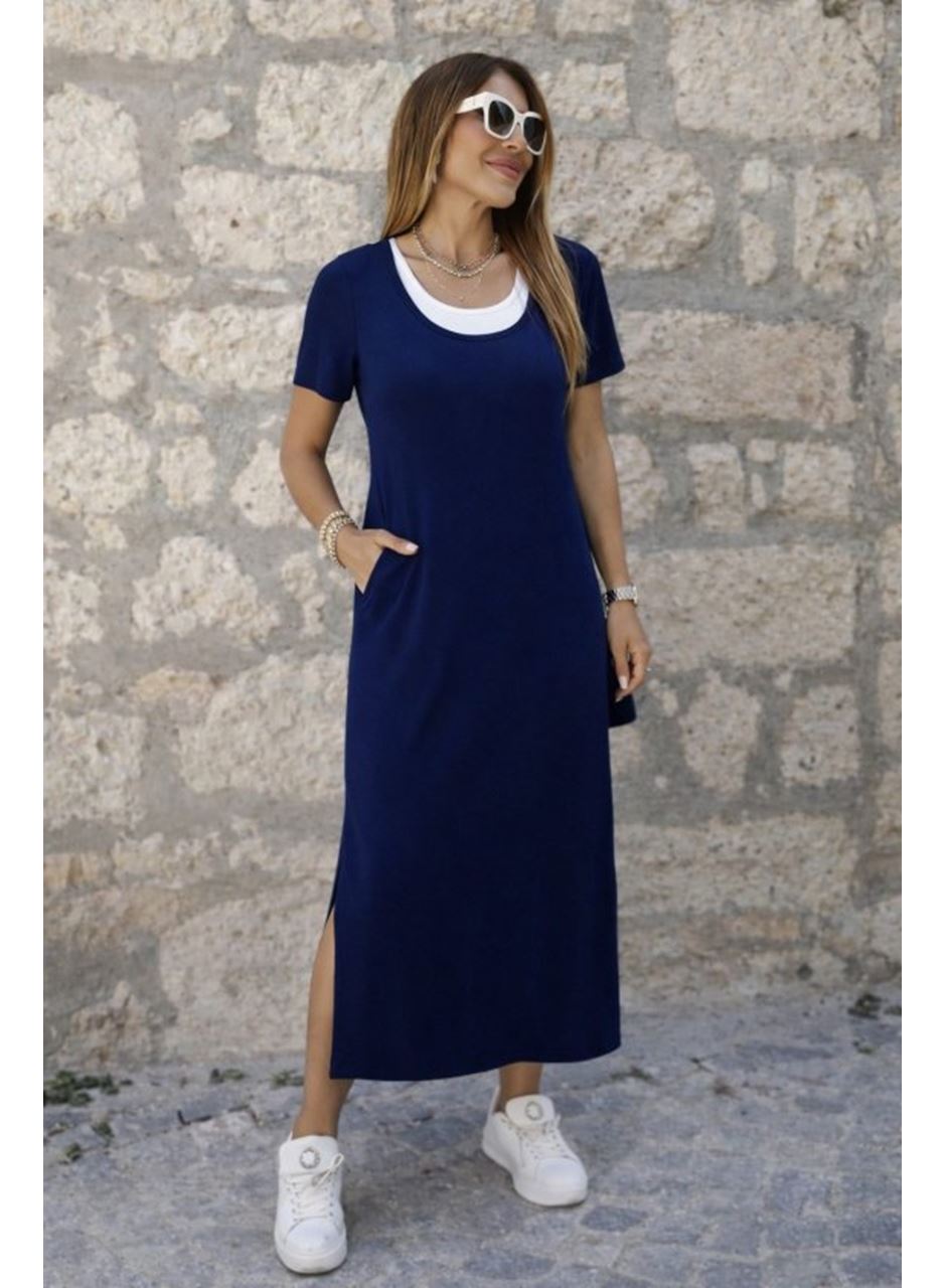 Kadın Kısa Kollu Içi Atlet Görünümlü Yandan Yırtmaçlı Uzun Viskon Elbise